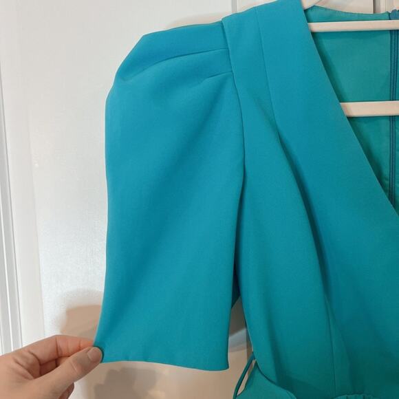 BLACK HALO -NWT- Turquoise Maricopa Puff Sleeve Belted Cocktail Dress | 2 - Picture 11 of 13